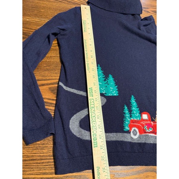 Talbots Women Navy Blue Cowl Neck Novelty Sweater Red Truck Dog Trees Size SP - Picture 6 of 16
